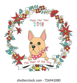 Hand drawn vector year of dog, floral wreath illustration, happy new year, dog and flower, wreath of flowers frame, beautiful floral round frames with the Christmas flowers, vector greeting card