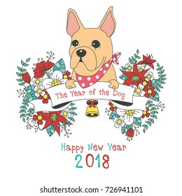 Hand drawn vector year of dog, floral wreath illustration, happy new year, dog and flower, wreath of flowers frame, beautiful floral round frames with the Christmas flowers, vector greeting card