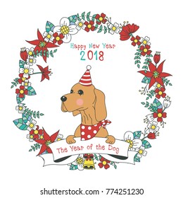 Hand drawn vector year of dog, floral wreath illustration, happy new year, dog and flower, wreath of flowers frame, beautiful floral round frames with the Christmas flowers, vector greeting card