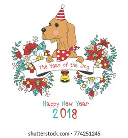 Hand drawn vector year of dog, floral wreath illustration, happy new year, dog and flower, wreath of flowers frame, beautiful floral round frames with the Christmas flowers, vector greeting card