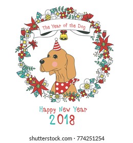 Hand drawn vector year of dog, floral wreath illustration, happy new year, dog and flower, wreath of flowers frame, beautiful floral round frames with the Christmas flowers, vector greeting card