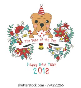 Hand drawn vector year of dog, floral wreath illustration, happy new year, dog and flower, wreath of flowers frame, beautiful floral round frames with the Christmas flowers, vector greeting card