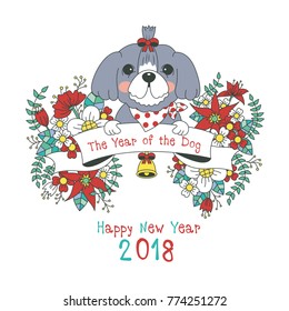 Hand drawn vector year of dog, floral wreath illustration, happy new year, dog and flower, wreath of flowers frame, beautiful floral round frames with the Christmas flowers, vector greeting card