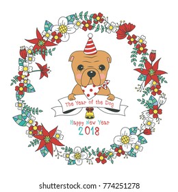 Hand drawn vector year of dog, floral wreath illustration, happy new year, dog and flower, wreath of flowers frame, beautiful floral round frames with the Christmas flowers, vector greeting card