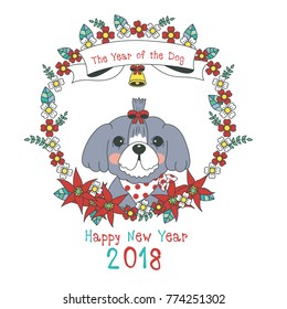 Hand drawn vector year of dog, floral wreath illustration, happy new year, dog and flower, wreath of flowers frame, beautiful floral round frames with the Christmas flowers, vector greeting card
