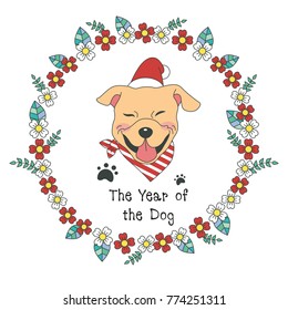 Hand drawn vector year of dog, floral wreath illustration, happy new year, dog and flower, wreath of flowers frame, beautiful floral round frames with the Christmas flowers, vector greeting card