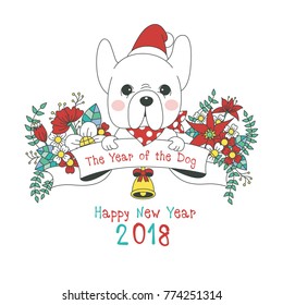 Hand drawn vector year of dog, floral wreath illustration, happy new year, dog and flower, wreath of flowers frame, beautiful floral round frames with the Christmas flowers, vector greeting card