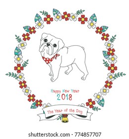 Hand drawn vector year of dog, floral wreath illustration, happy new year, dog and flower, wreath of flowers frame, beautiful floral round frames with the Christmas flowers, vector greeting card