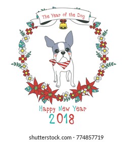 Hand drawn vector year of dog, floral wreath illustration, happy new year, dog and flower, wreath of flowers frame, beautiful floral round frames with the Christmas flowers, vector greeting card