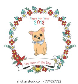 Hand drawn vector year of dog, floral wreath illustration, happy new year, dog and flower, wreath of flowers frame, beautiful floral round frames with the Christmas flowers, vector greeting card