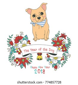 Hand drawn vector year of dog, floral wreath illustration, happy new year, dog and flower, wreath of flowers frame, beautiful floral round frames with the Christmas flowers, vector greeting card