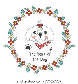 Hand drawn vector year of dog, floral wreath illustration, happy new year, dog and flower, wreath of flowers frame, beautiful floral round frames with the Christmas flowers, vector greeting card