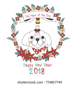 Hand drawn vector year of dog, floral wreath illustration, happy new year, dog and flower, wreath of flowers frame, beautiful floral round frames with the Christmas flowers, vector greeting card