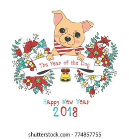 Hand drawn vector year of dog, floral wreath illustration, happy new year, dog and flower, wreath of flowers frame, beautiful floral round frames with the Christmas flowers, vector greeting card
