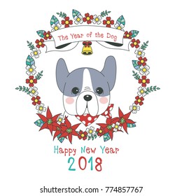 Hand drawn vector year of dog, floral wreath illustration, happy new year, dog and flower, wreath of flowers frame, beautiful floral round frames with the Christmas flowers, vector greeting card