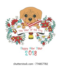 Hand drawn vector year of dog, floral wreath illustration, happy new year, dog and flower, wreath of flowers frame, beautiful floral round frames with the Christmas flowers, vector greeting card