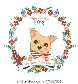 Hand drawn vector year of dog, floral wreath illustration, happy new year, dog and flower, wreath of flowers frame, beautiful floral round frames with the Christmas flowers, vector greeting card