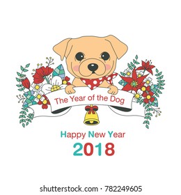 Hand drawn vector year of dog, floral wreath illustration, happy new year, dog and flower, wreath of flowers frame, beautiful floral round frames with the Christmas flowers, vector greeting card