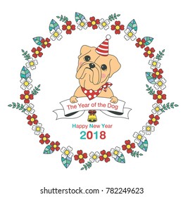 Hand drawn vector year of dog, floral wreath illustration, happy new year, dog and flower, wreath of flowers frame, beautiful floral round frames with the Christmas flowers, vector greeting card