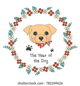 Hand drawn vector year of dog, floral wreath illustration, happy new year, dog and flower, wreath of flowers frame, beautiful floral round frames with the Christmas flowers, vector greeting card