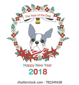 Hand drawn vector year of dog, floral wreath illustration, happy new year, dog and flower, wreath of flowers frame, beautiful floral round frames with the Christmas flowers, vector greeting card