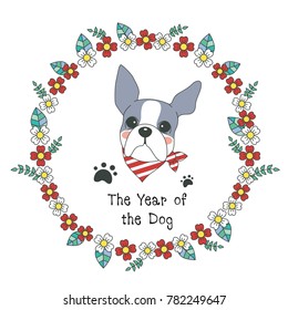 Hand drawn vector year of dog, floral wreath illustration, happy new year, dog and flower, wreath of flowers frame, beautiful floral round frames with the Christmas flowers, vector greeting card