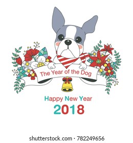 Hand drawn vector year of dog, floral wreath illustration, happy new year, dog and flower, wreath of flowers frame, beautiful floral round frames with the Christmas flowers, vector greeting card