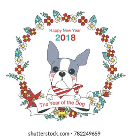 Hand drawn vector year of dog, floral wreath illustration, happy new year, dog and flower, wreath of flowers frame, beautiful floral round frames with the Christmas flowers, vector greeting card