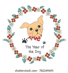 Hand drawn vector year of dog, floral wreath illustration, happy new year, dog and flower, wreath of flowers frame, beautiful floral round frames with the Christmas flowers, vector greeting card