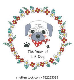 Hand drawn vector year of dog, floral wreath illustration, happy new year, dog and flower, wreath of flowers frame, beautiful floral round frames with the Christmas flowers, vector greeting card