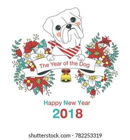 Hand drawn vector year of dog, floral wreath illustration, happy new year, dog and flower, wreath of flowers frame, beautiful floral round frames with the Christmas flowers, vector greeting card