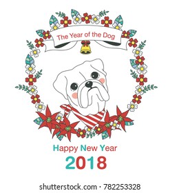 Hand drawn vector year of dog, floral wreath illustration, happy new year, dog and flower, wreath of flowers frame, beautiful floral round frames with the Christmas flowers, vector greeting card