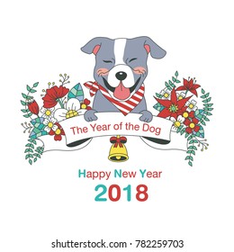 Hand drawn vector year of dog, floral wreath illustration, happy new year, dog and flower, wreath of flowers frame, beautiful floral round frames with the Christmas flowers, vector greeting card