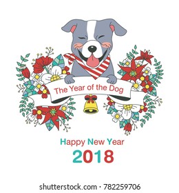 Hand drawn vector year of dog, floral wreath illustration, happy new year, dog and flower, wreath of flowers frame, beautiful floral round frames with the Christmas flowers, vector greeting card