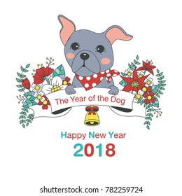 Hand drawn vector year of dog, floral wreath illustration, happy new year, dog and flower, wreath of flowers frame, beautiful floral round frames with the Christmas flowers, vector greeting card