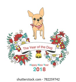 Hand drawn vector year of dog, floral wreath illustration, happy new year, dog and flower, wreath of flowers frame, beautiful floral round frames with the Christmas flowers, vector greeting card