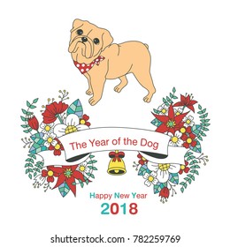 Hand drawn vector year of dog, floral wreath illustration, happy new year, dog and flower, wreath of flowers frame, beautiful floral round frames with the Christmas flowers, vector greeting card