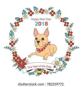Hand drawn vector year of dog, floral wreath illustration, happy new year, dog and flower, wreath of flowers frame, beautiful floral round frames with the Christmas flowers, vector greeting card