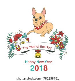 Hand drawn vector year of dog, floral wreath illustration, happy new year, dog and flower, wreath of flowers frame, beautiful floral round frames with the Christmas flowers, vector greeting card