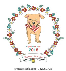 Hand drawn vector year of dog, floral wreath illustration, happy new year, dog and flower, wreath of flowers frame, beautiful floral round frames with the Christmas flowers, vector greeting card