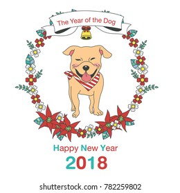 Hand drawn vector year of dog, floral wreath illustration, happy new year, dog and flower, wreath of flowers frame, beautiful floral round frames with the Christmas flowers, vector greeting card