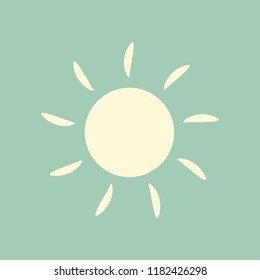 Hand drawn vector yellow sun. Flat icon symbol or sign. Pictogram of summer and fair weather. Illustration isolated on color background. Sunshine sunrise. Warm sunny light. Template for app web.