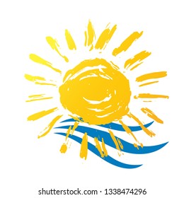 Hand drawn vector yellow sun and blue sea wave icon isolated on white. Doodle symbol for summer bunner, poster, tag, tshirt design