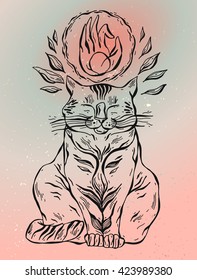Hand drawn vector yoga cat with hand mudra.Cat illustration.Yoga Cat . Vector Cat. Cartoon Cat. Meditation.