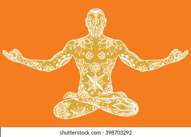 Hand drawn vector Yoga lotus pose with floral elements in black and white doodle style. Pattern for coloring book