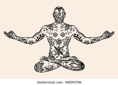 Hand drawn vector Yoga lotus pose with floral elements in Black, beige color doodle style. Pattern for coloring book