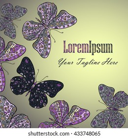 Hand drawn vector zentangle butterfly illustration. Decorative abstract doodle design element. Framt with colored butterflies