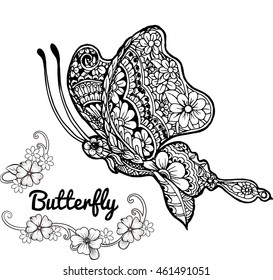 Hand drawn vector zentangle butterfly illustration. Decorative abstract doodle design element