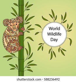 Hand drawn vector zentangle coloring page for adults with cute koala. World wildlife day.