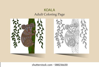 Hand drawn vector zentangle coloring page for adults with cute koala. Cute animal card.